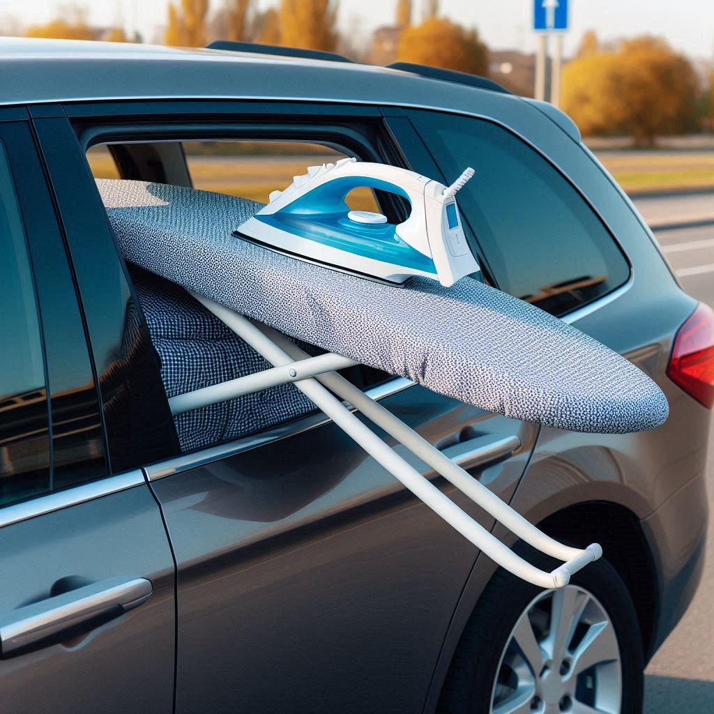 An ironing board and iron sticking out the back passenger window of a small car.