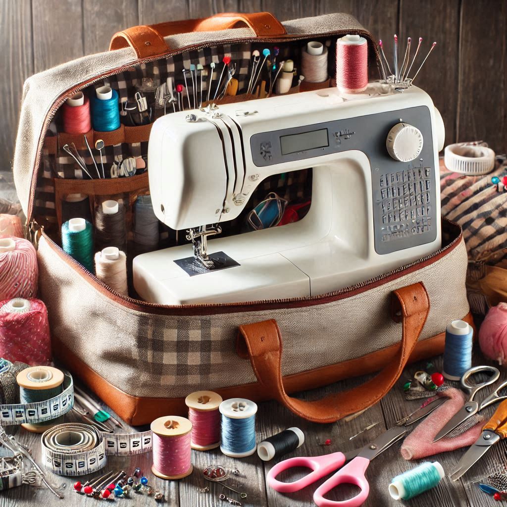 A sewing machine bag so stuffed full of sewing equipment there is no room for the sewing machine and it cannot be closed.  Sewing equipment also surrounds the bag.