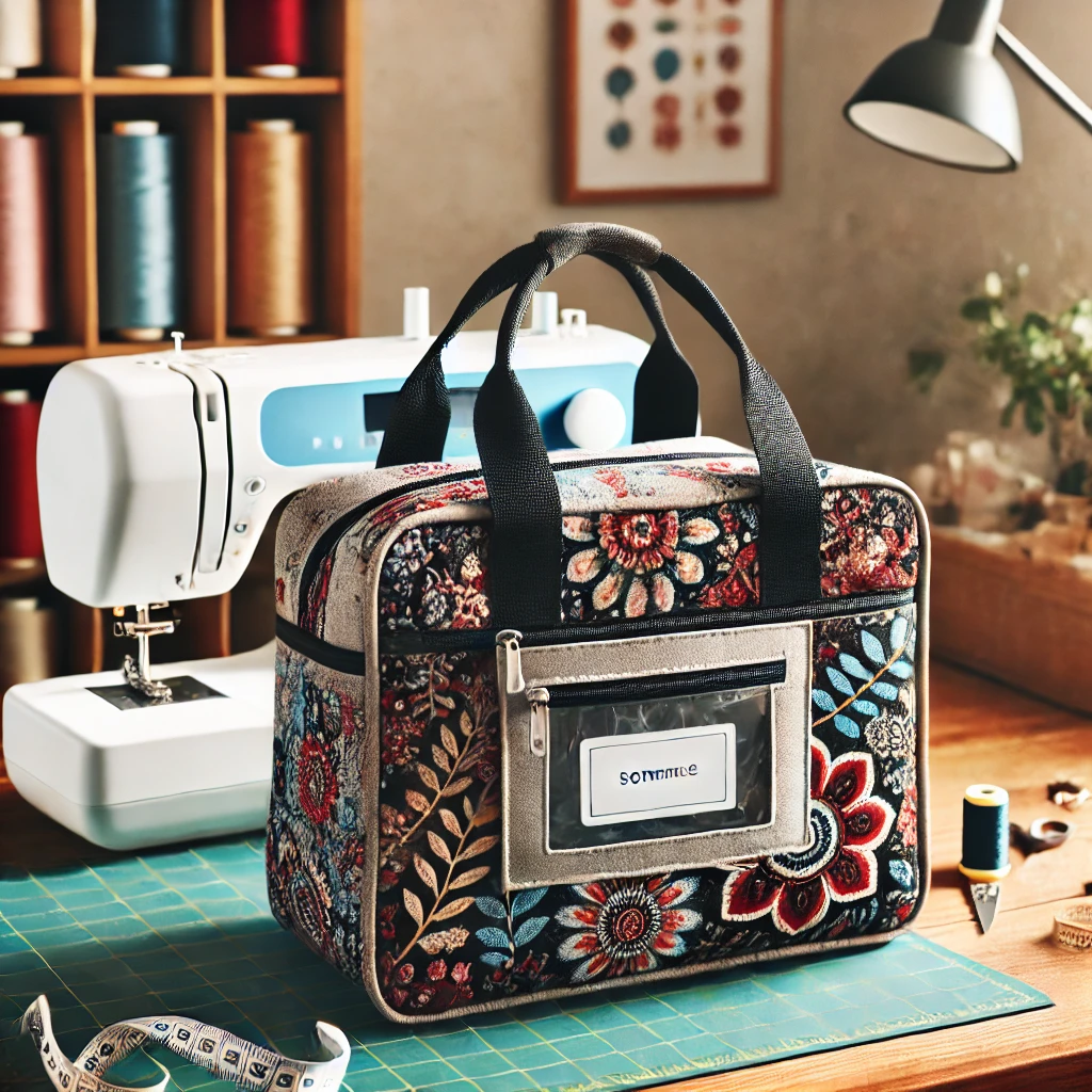 A sewing machine bag with a zipped up plastic compartment with a name tag enclosed.  Sewing machine in the background.