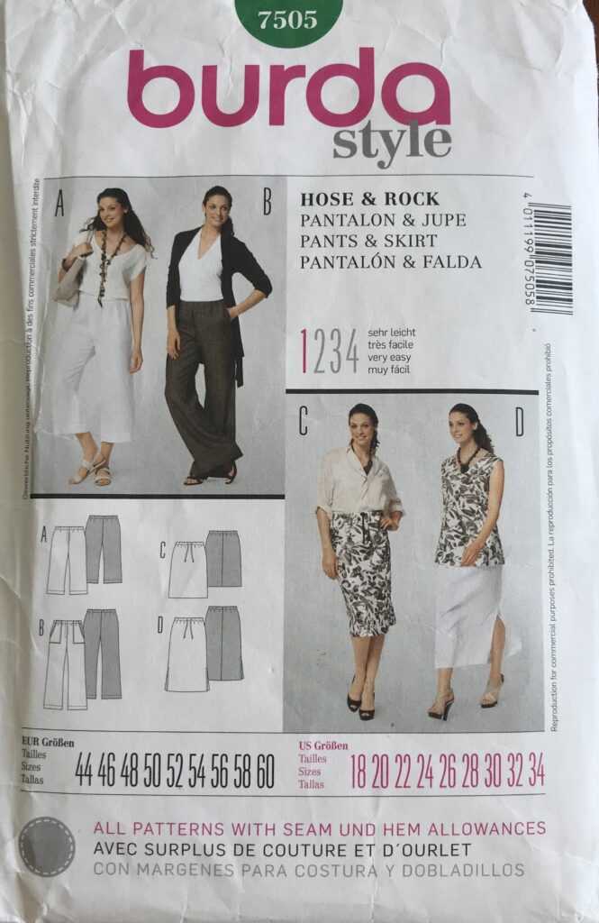 Burda style pattern number 7505. Two women wearing the pattern designs - trousers of two lengths and skirt in two lengths.